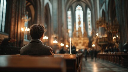 Worshipper praying inside historic Polish Catholic church