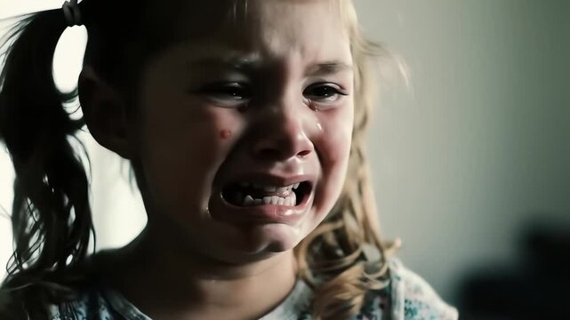 Dramatic close-up of a distraught little girl crying hysterically with tears and clenched fists