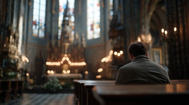 Worshipper praying inside historic Polish Catholic church - Powered by Adobe