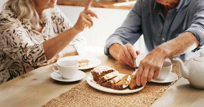 Cake, hands and senior couple in home with sweet snack together for afternoon tea in retirement. Marriage, eating and elderly man with woman for dessert with coffee for bonding on weekend in house. - Powered by Adobe