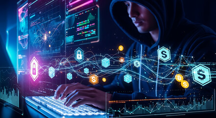 Hacker in hoodie typing on glowing keyboard with digital overlays of money and security symbols