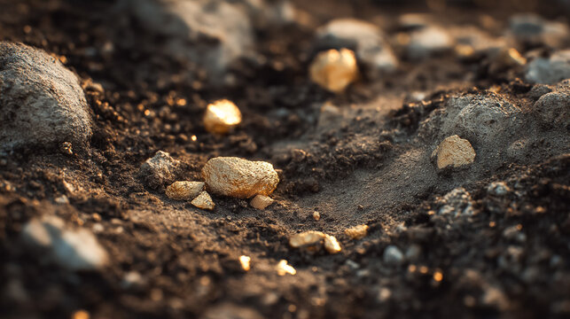 Gold Nuggets on Dark Earth Closeup, Mining, Treasure, Wealth, and Investment