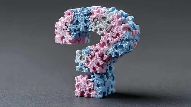 Question mark formed from pink and blue puzzle pieces on a dark background, symbolizing uncertainty and problem-solving.