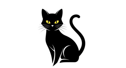 Obraz premium Silhouette of a seated black cat with bright yellow eyes.