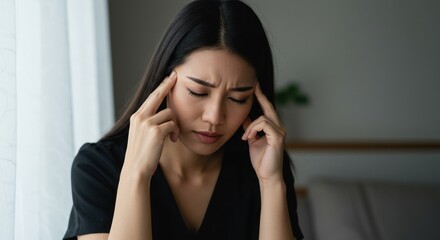 Woman with hands on temples eyes closed in a dimly lit room