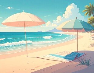 Pastel Calm: A Minimalist Beach Scene in Modern Coastal Elegance