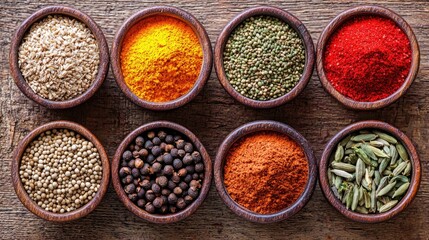 Various spices in wooden bowls on a rustic wooden table.