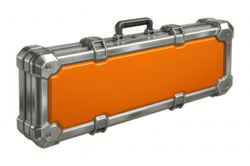 Orange metal carrying case with silver details, offering durable protection for sensitive equipment, positioned against clean transparent background