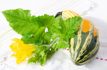 Decorative small pumpkin, green leaves with color, on a table for background.