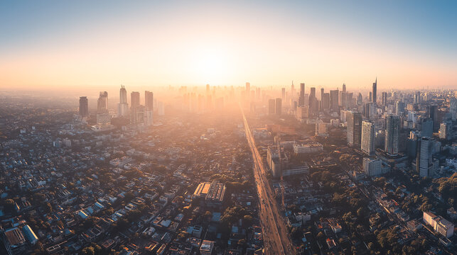Jakarta cityscape aerial view at golden hour with modern architecture skyscrapers urbanism