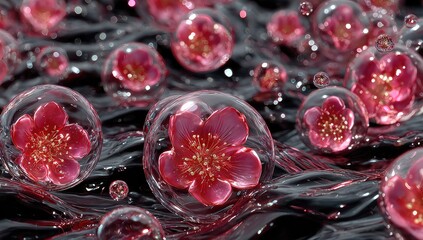 Pink flowers in clear spheres on dark liquid