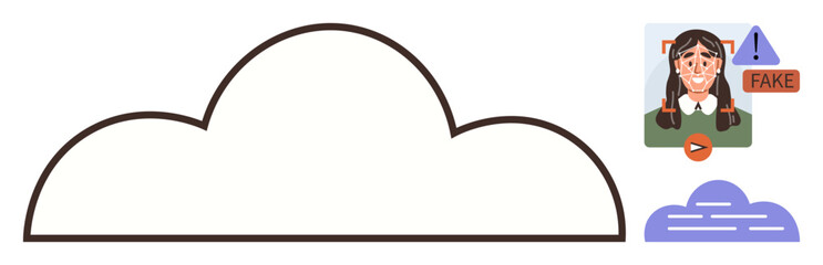 Cloud design linked to fake content alert with avatar, warning sign, play button, and data flow lines. Ideal for data security, content authenticity, online safety, tech awareness, cloud computing