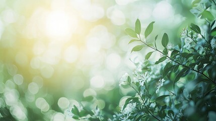 Fototapeta premium A serene garden scene with blooming white flowers and green leaves, illuminated by a soft, natural light, creating a tranquil and peaceful atmosphere.