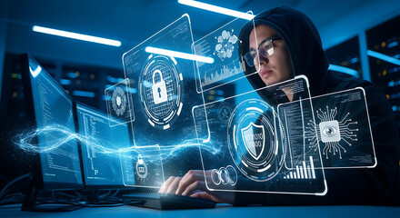 Hacker in hoodie working on multiple screens with security and data visualization overlays in blue light