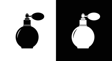A vintage perfume bottle with an atomizer pump, a black and white icon for classic fragrance, luxury, and elegance.
