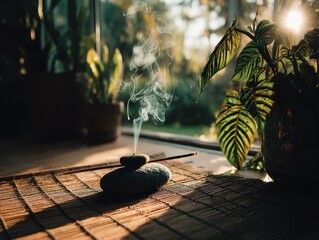 Zen inspired scene with burning incense stick releasing delicate smoke above stacked black stones on woven mat by window with green leafy plants and warm sunlight creating peaceful calming ambiance
