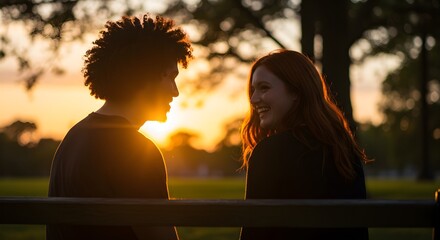 Couple sitting on bench at sunset