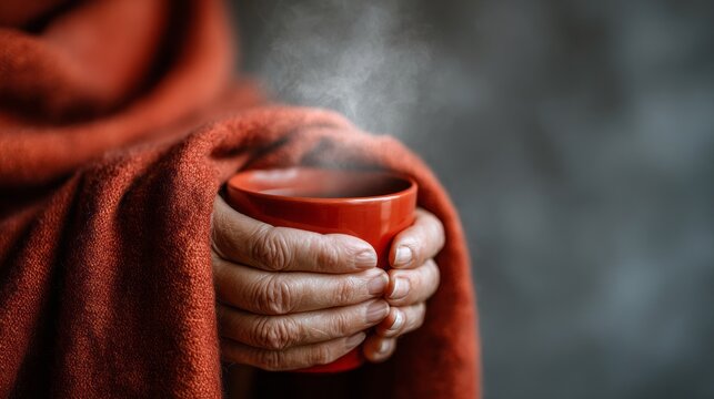 A person is holding a red mug of hot coffee while wrapped in a red blanket - Powered by Adobe