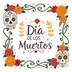 Dia de los muertos sugar skulls and flowers decorative frame isolated on transparent background