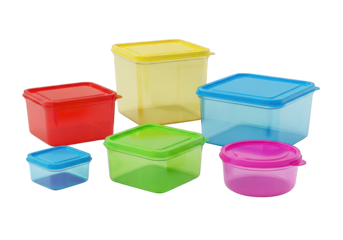 Colorful plastic food containers set on transparent background