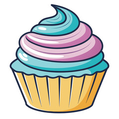 Cartoon Style Cupcake with Blue and Pink Icing on White Background