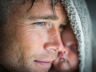 Obraz premium Closeup of Caucasian man with rough skin holding sleeping newborn covered in soft towel under natural light expressing deep emotion fatherhood warmth and quiet strength through loving connection