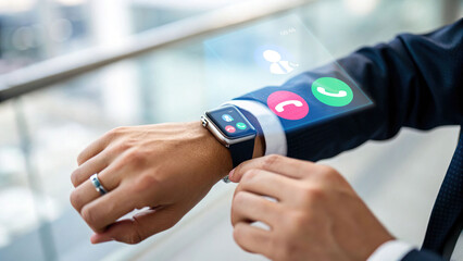 Businessman using smartwatch with holographic incoming call interface, modern wearable technology concept for digital communication, innovation, and future smart devices.