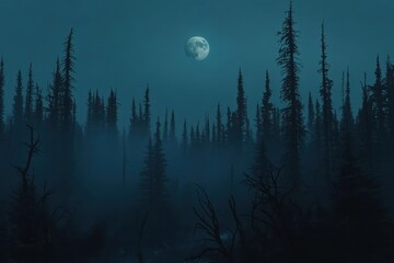 A misty, moonlit forest shrouded in deep blues and silences.
