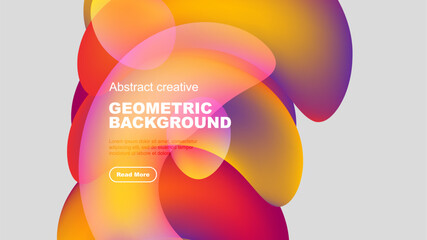 Vibrant overlapping shapes create dynamic background. Text block present, button visible. Modern design, colorful gradients dominate composition.