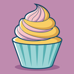Delicious Cartoon Cupcake with Pink and Yellow Frosting on Light Purple