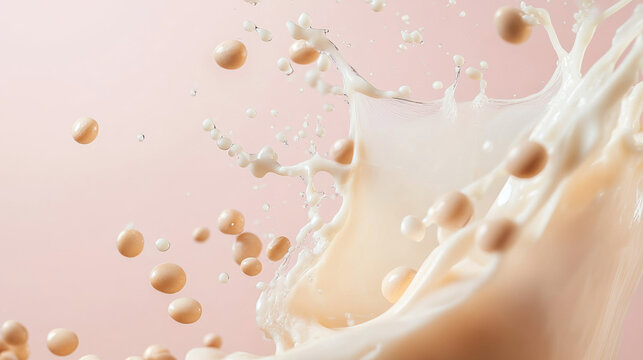 Soybean and soy milk splash with soft lighting and pastel background, creating fresh and natural vegan product theme with creamy texture and smooth motion