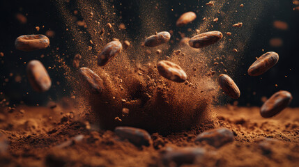 Floating cocoa beans and powder explosion on dark background with empty space in center for logo placement, creating dynamic and rich texture effect