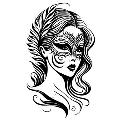 Intricate mask adorns a woman's face evoking mystery and elegance with flowing hair in monochrome