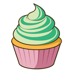 Cupcake with Green Frosting and Pink Wrapper on White Background Cartoon