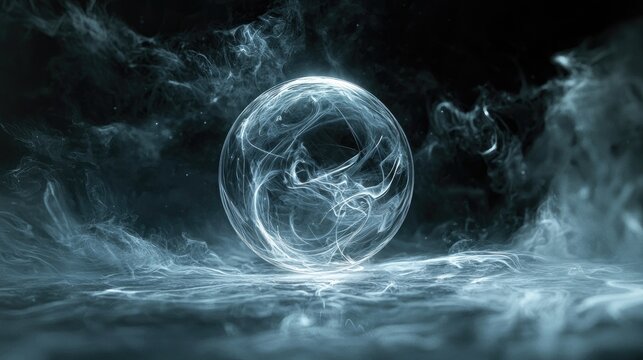 A glowing, ethereal orb with swirling patterns in a dark, misty background.