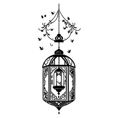 Intricate metalwork birdcage design featuring delicate floral elements and birds against a plain