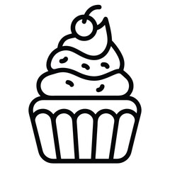 Cupcake Icon with Cherry Topping and Detailed Frosting, Black Outline, Sweet Treat