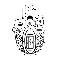 Intricate monochromatic illustration of stylized lanterns within an ornate botanical frame creates