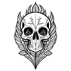 Intricate monochromatic skull artwork illustrating mortality symbolism alongside vibrant flora