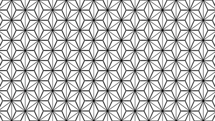 Intricate geometric pattern with repeating hexagonal and star like shapes in black and white monochrome