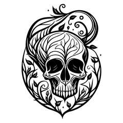Intricate monochrome skull illustration with delicate floral patterns forming a decorative natural