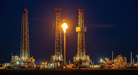 Oil Drilling Rigs at Night with Flaring Gas