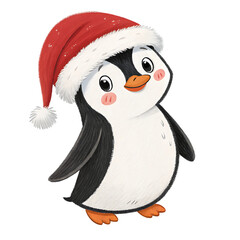 Fototapeta premium Cute cartoon penguin wearing a santa hat isolated on transparent background