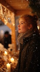 A young woman browsing a wooden Christmas market