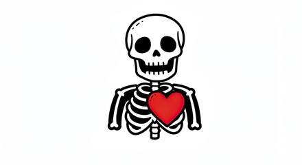 Cartoon Skeleton Holding Shiny Red Heart on White Background