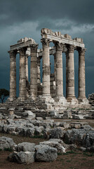 Ancient stone ruins under a dramatic sky, evoking history, mystery, and timeless landscapes with weathered stones and striking cloud formations.