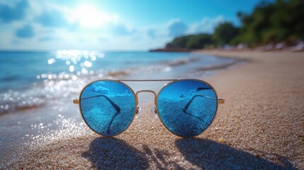 Summer beach vibes with aviator sunglasses reflecting serene waves and sandy shores under bright natural light