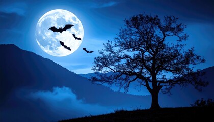 Eerie nocturnal scene bats fly before a bright moon behind a tree