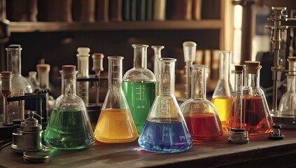 A group of beakers and flasks filled with colorful liquids, set on an elegant laboratory table