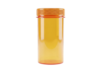 Amber pill bottle with orange cap on transparent background